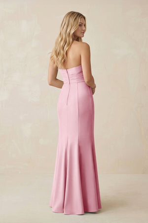 Strapless Ruched Sheath Satin Bridesmaid Dress With Slit in Candy Pink - KISS BRIDAL Bridesmaid Dresses
