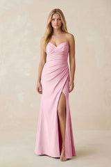 Strapless Ruched Sheath Satin Bridesmaid Dress With Slit in Candy Pink - KISS BRIDAL Bridesmaid Dresses