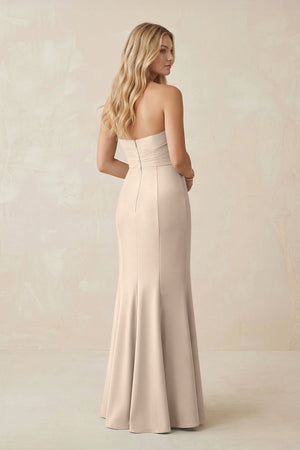 Strapless Ruched Sheath Satin Bridesmaid Dress With Slit in Champagne - KISS BRIDAL Bridesmaid Dresses