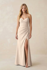 Strapless Ruched Sheath Satin Bridesmaid Dress With Slit in Champagne - KISS BRIDAL Bridesmaid Dresses