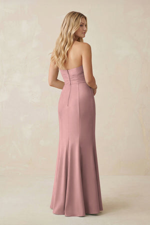 Strapless Ruched Sheath Satin Bridesmaid Dress With Slit in Champagne Rose - KISS BRIDAL Bridesmaid Dresses