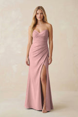 Strapless Ruched Sheath Satin Bridesmaid Dress With Slit in Champagne Rose - KISS BRIDAL Bridesmaid Dresses