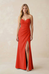 Strapless Ruched Sheath Satin Bridesmaid Dress With Slit in Cinnamon - KISS BRIDAL Bridesmaid Dresses