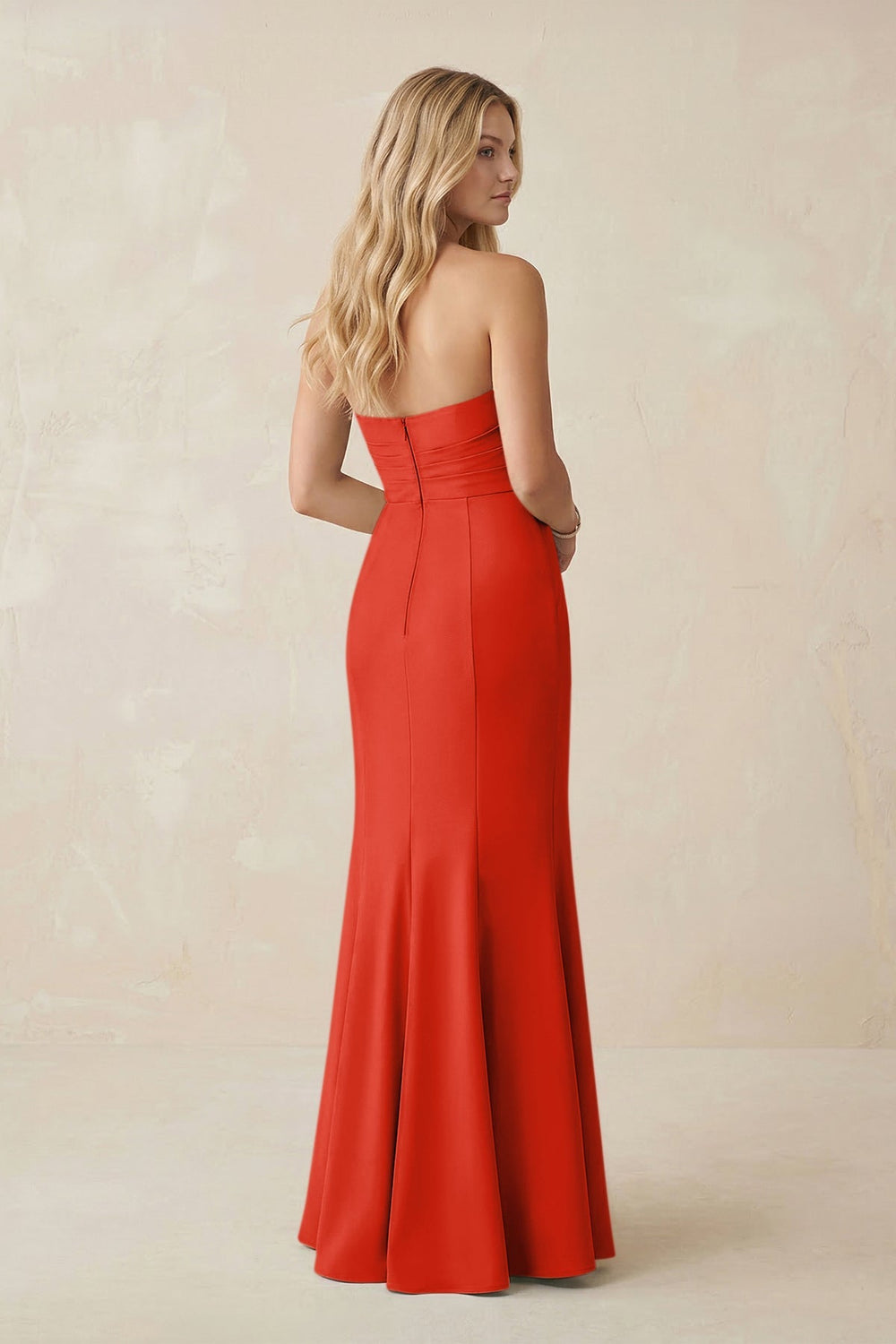 Strapless Ruched Sheath Satin Bridesmaid Dress With Slit in Cinnamon - KISS BRIDAL Bridesmaid Dresses