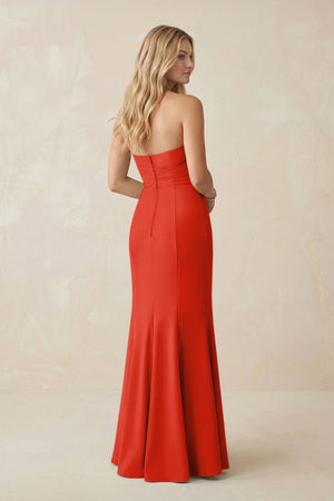 Strapless Ruched Sheath Satin Bridesmaid Dress With Slit in Cinnamon - KISS BRIDAL Bridesmaid Dresses