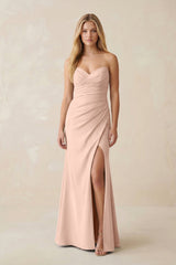 Strapless Ruched Sheath Satin Bridesmaid Dress With Slit in Coral Pink - KISS BRIDAL Bridesmaid Dresses