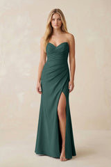 Strapless Ruched Sheath Satin Bridesmaid Dress With Slit in Dark Green - KISS BRIDAL Bridesmaid Dresses