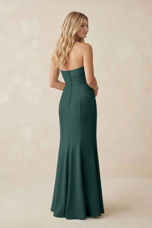 Strapless Ruched Sheath Satin Bridesmaid Dress With Slit in Dark Green - KISS BRIDAL Bridesmaid Dresses