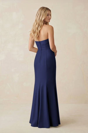 Strapless Ruched Sheath Satin Bridesmaid Dress With Slit in Dark Navy - KISS BRIDAL Bridesmaid Dresses