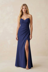 Strapless Ruched Sheath Satin Bridesmaid Dress With Slit in Dark Navy - KISS BRIDAL Bridesmaid Dresses