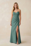 Strapless Ruched Sheath Satin Bridesmaid Dress With Slit in Dark Teal - KISS BRIDAL Bridesmaid Dresses