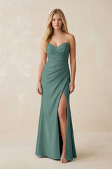 Strapless Ruched Sheath Satin Bridesmaid Dress With Slit in Dark Teal - KISS BRIDAL Bridesmaid Dresses
