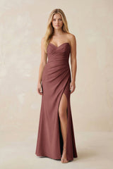 Strapless Ruched Sheath Satin Bridesmaid Dress With Slit in Desert Rose - KISS BRIDAL Bridesmaid Dresses