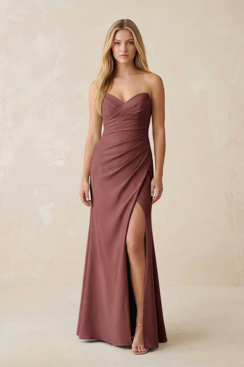 Strapless Ruched Sheath Satin Bridesmaid Dress With Slit in Desert Rose - KISS BRIDAL Bridesmaid Dresses