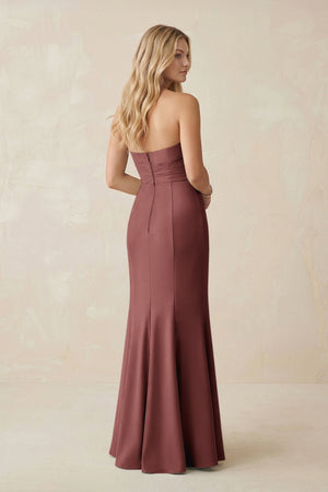 Strapless Ruched Sheath Satin Bridesmaid Dress With Slit in Desert Rose - KISS BRIDAL Bridesmaid Dresses