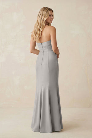Strapless Ruched Sheath Satin Bridesmaid Dress With Slit in Dove Gray - KISS BRIDAL Bridesmaid Dresses