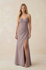 Strapless Ruched Sheath Satin Bridesmaid Dress With Slit in Dusk - KISS BRIDAL Bridesmaid Dresses
