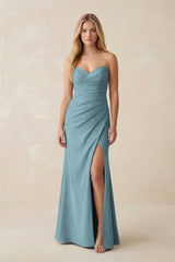 Strapless Ruched Sheath Satin Bridesmaid Dress With Slit in Dusty Blue - KISS BRIDAL Bridesmaid Dresses