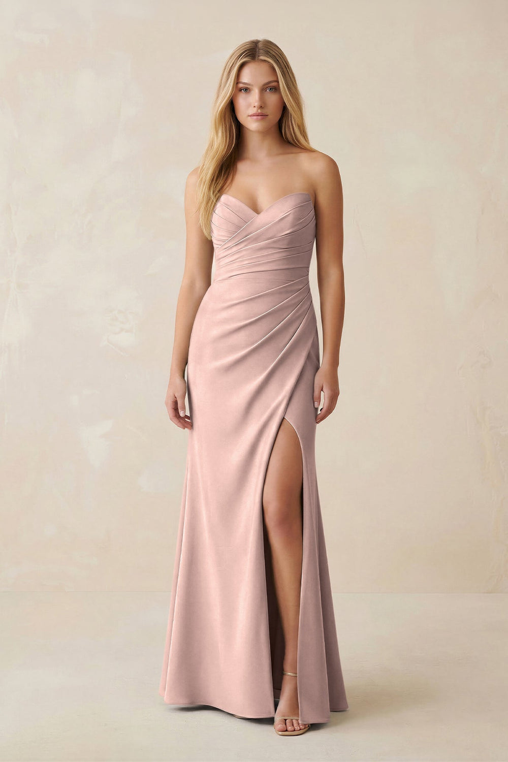 Strapless Ruched Sheath Satin Bridesmaid Dress With Slit in Dusty Rose - KISS BRIDAL Bridesmaid Dresses