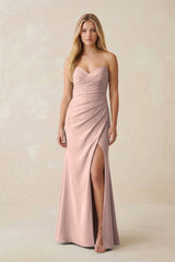 Strapless Ruched Sheath Satin Bridesmaid Dress With Slit in Dusty Rose - KISS BRIDAL Bridesmaid Dresses