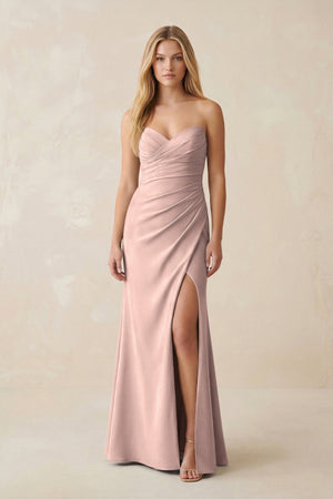 Strapless Ruched Sheath Satin Bridesmaid Dress With Slit in Dusty Rose - KISS BRIDAL Bridesmaid Dresses