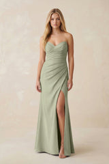 Strapless Ruched Sheath Satin Bridesmaid Dress With Slit in Dusty Sage - KISS BRIDAL Bridesmaid Dresses