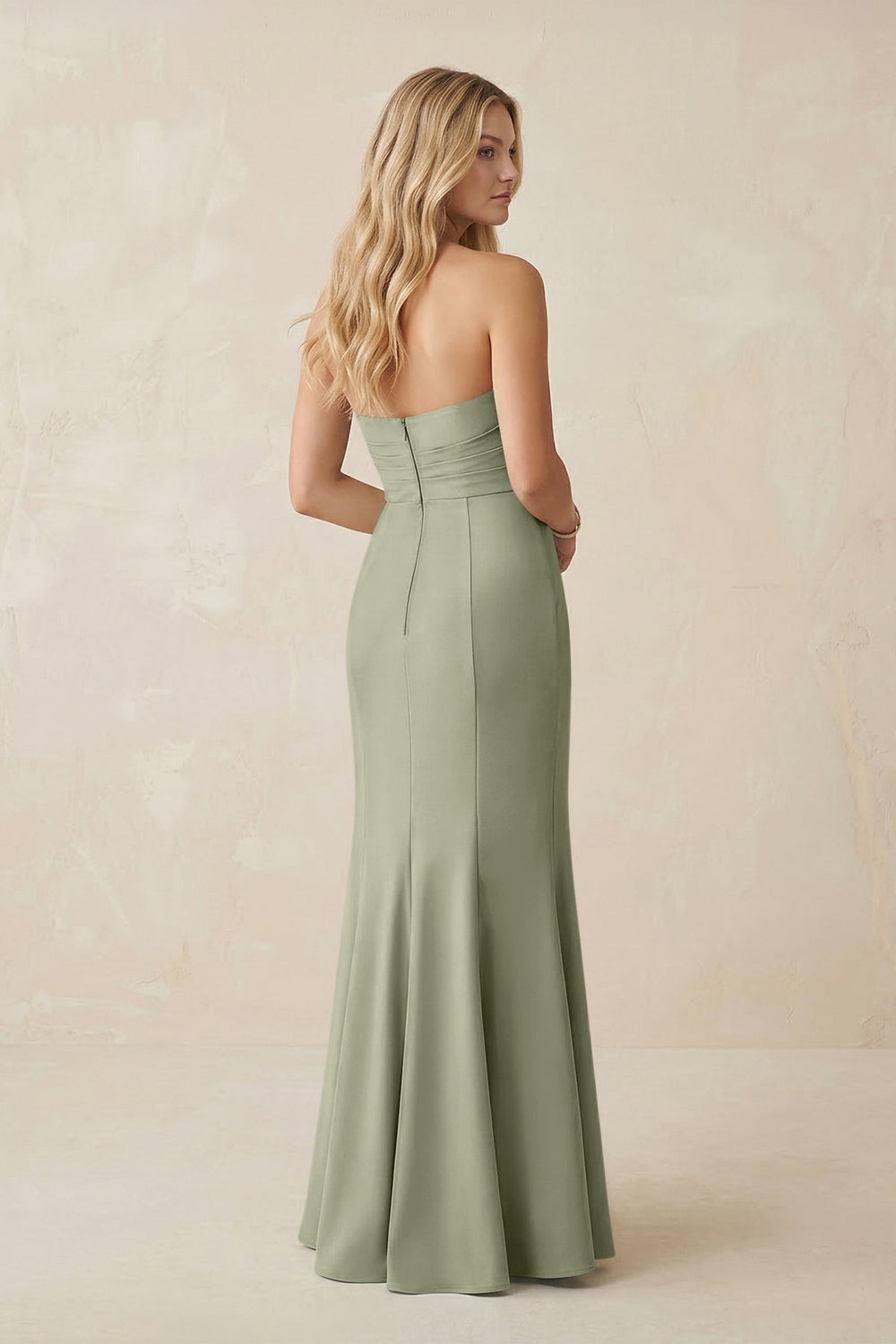 Strapless Ruched Sheath Satin Bridesmaid Dress With Slit in Dusty Sage - KISS BRIDAL Bridesmaid Dresses