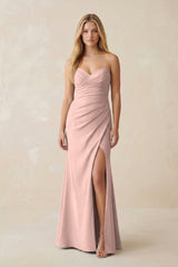 Strapless Ruched Sheath Satin Bridesmaid Dress With Slit in English Rose - KISS BRIDAL Bridesmaid Dresses