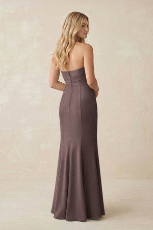 Strapless Ruched Sheath Satin Bridesmaid Dress With Slit in Espresso - KISS BRIDAL Bridesmaid Dresses