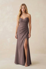 Strapless Ruched Sheath Satin Bridesmaid Dress With Slit in Espresso - KISS BRIDAL Bridesmaid Dresses
