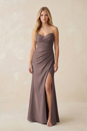 Strapless Ruched Sheath Satin Bridesmaid Dress With Slit in Espresso - KISS BRIDAL Bridesmaid Dresses