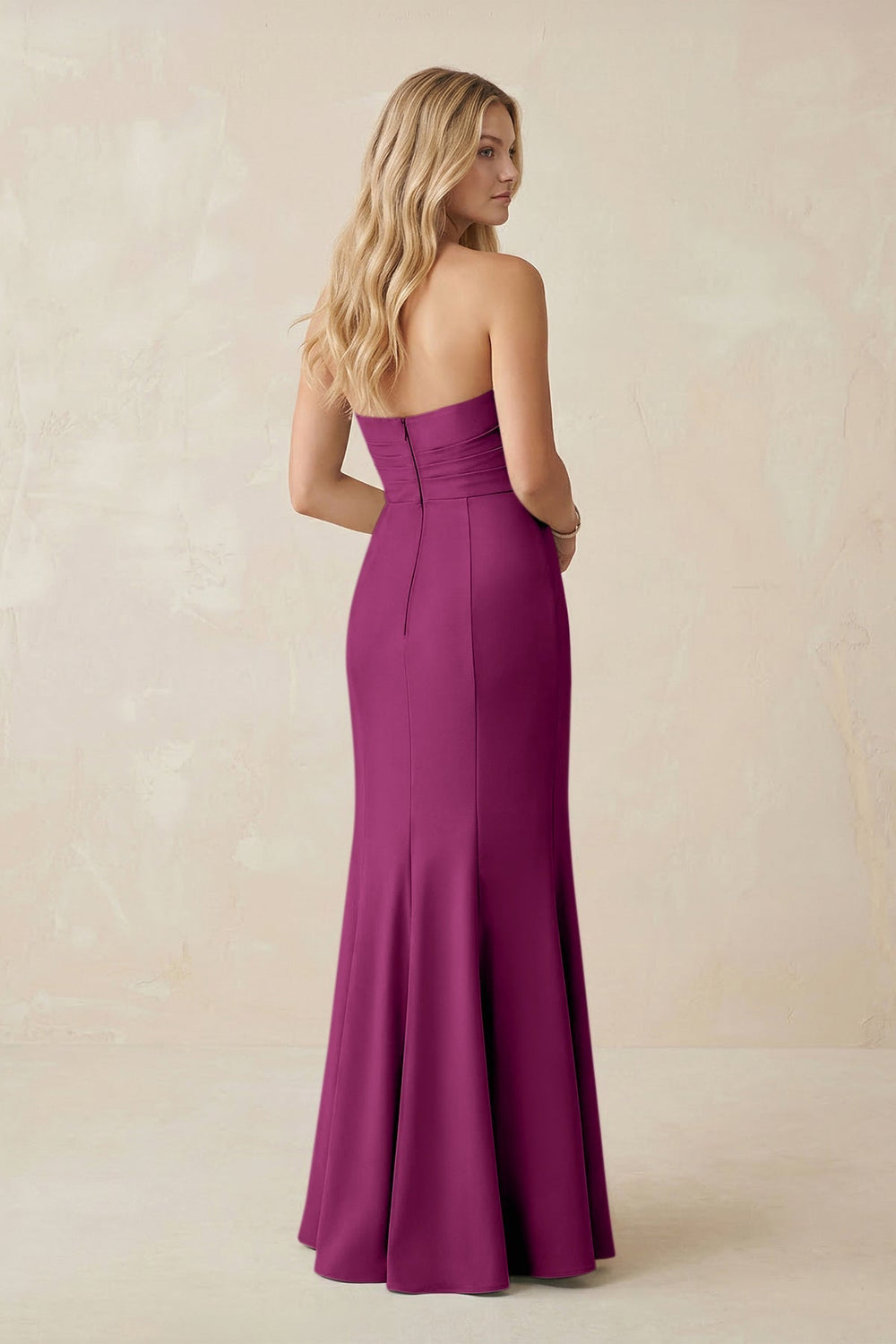 Strapless Ruched Sheath Satin Bridesmaid Dress With Slit in Fig - KISS BRIDAL Bridesmaid Dresses