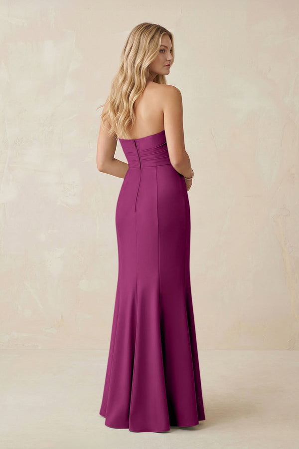 Strapless Ruched Sheath Satin Bridesmaid Dress With Slit in Fig - KISS BRIDAL Bridesmaid Dresses