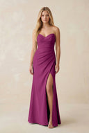 Strapless Ruched Sheath Satin Bridesmaid Dress With Slit in Fig - KISS BRIDAL Bridesmaid Dresses