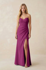 Strapless Ruched Sheath Satin Bridesmaid Dress With Slit in Fig - KISS BRIDAL Bridesmaid Dresses