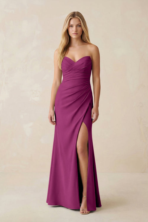 Strapless Ruched Sheath Satin Bridesmaid Dress With Slit in Fig - KISS BRIDAL Bridesmaid Dresses