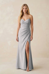 Strapless Ruched Sheath Satin Bridesmaid Dress With Slit in Frost - KISS BRIDAL Bridesmaid Dresses