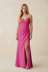 Strapless Ruched Sheath Satin Bridesmaid Dress With Slit in Fuchsia - KISS BRIDAL Bridesmaid Dresses