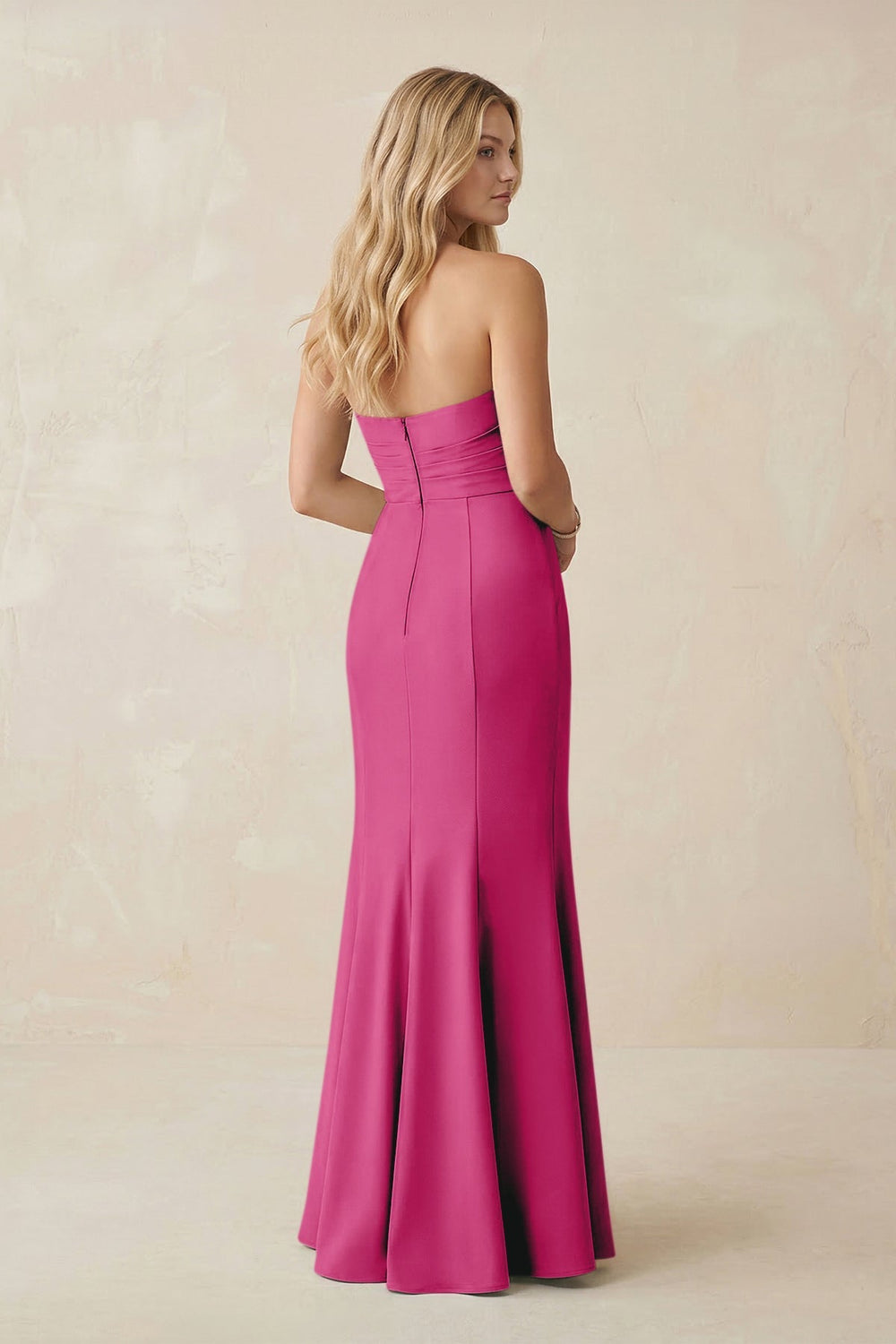 Strapless Ruched Sheath Satin Bridesmaid Dress With Slit in Fuchsia - KISS BRIDAL Bridesmaid Dresses