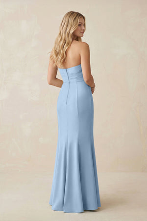 Strapless Ruched Sheath Satin Bridesmaid Dress With Slit in Ice - KISS BRIDAL Bridesmaid Dresses