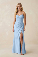 Strapless Ruched Sheath Satin Bridesmaid Dress With Slit in Ice - KISS BRIDAL Bridesmaid Dresses