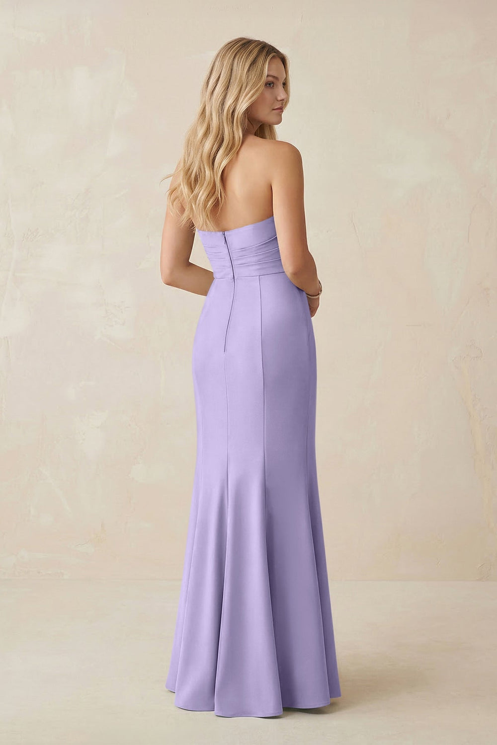 Strapless Ruched Sheath Satin Bridesmaid Dress With Slit in Lavender - KISS BRIDAL Bridesmaid Dresses