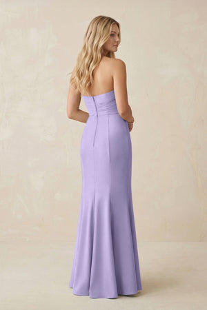 Strapless Ruched Sheath Satin Bridesmaid Dress With Slit in Lavender - KISS BRIDAL Bridesmaid Dresses
