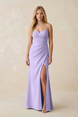 Strapless Ruched Sheath Satin Bridesmaid Dress With Slit in Lavender - KISS BRIDAL Bridesmaid Dresses