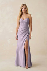 Strapless Ruched Sheath Satin Bridesmaid Dress With Slit in Lavender Grey - KISS BRIDAL Bridesmaid Dresses