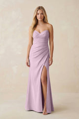 Strapless Ruched Sheath Satin Bridesmaid Dress With Slit in Lilac - KISS BRIDAL Bridesmaid Dresses