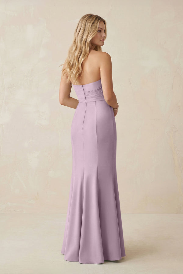 Strapless Ruched Sheath Satin Bridesmaid Dress With Slit in Lilac - KISS BRIDAL Bridesmaid Dresses