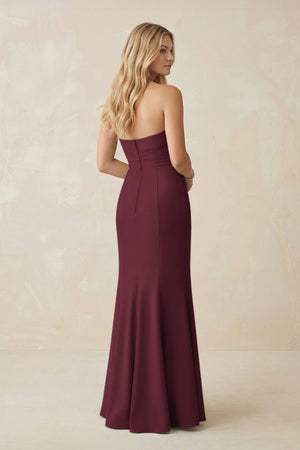Strapless Ruched Sheath Satin Bridesmaid Dress With Slit in Magenta - KISS BRIDAL Bridesmaid Dresses