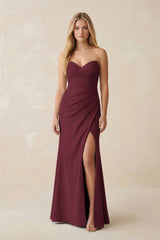 Strapless Ruched Sheath Satin Bridesmaid Dress With Slit in Magenta - KISS BRIDAL Bridesmaid Dresses