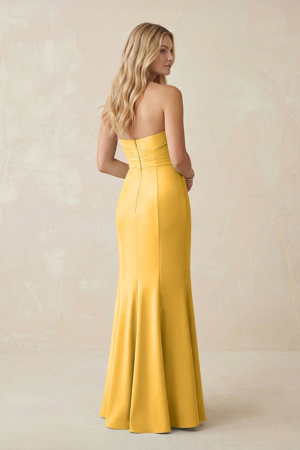 Strapless Ruched Sheath Satin Bridesmaid Dress With Slit in Marigold - KISS BRIDAL Bridesmaid Dresses